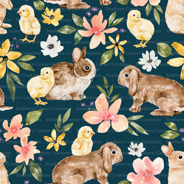 Navy Floral Bunnies